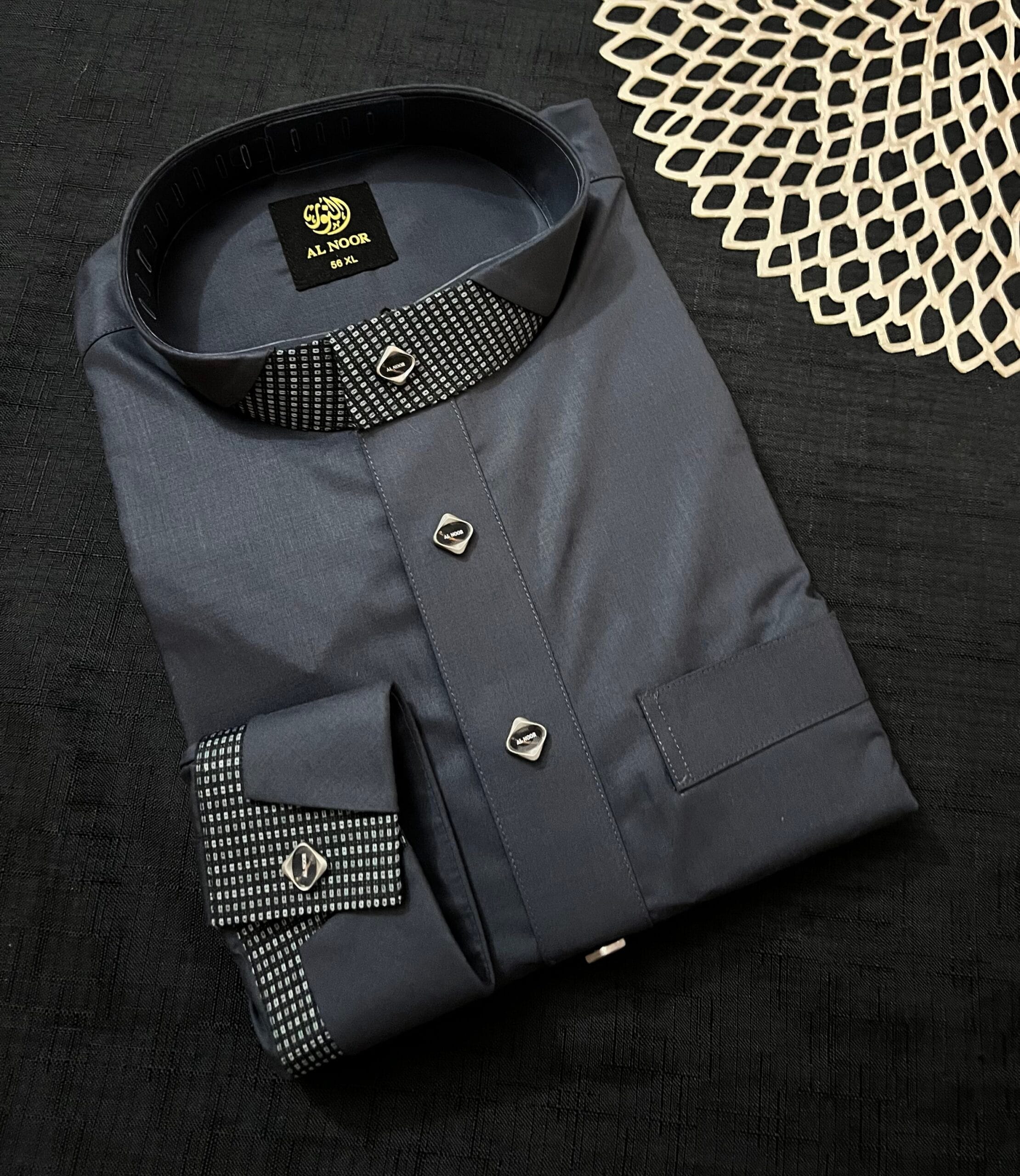 Al Noor Checkered Collar Thobe Grey - Design #1619